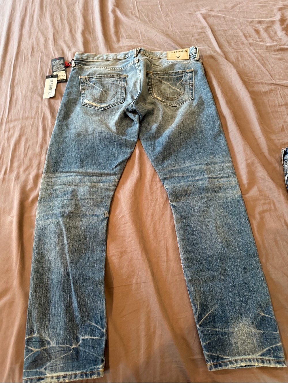 Womens Distressed Embroidered Blue Jeans with Pink & Orange Accents - Picture 5 of 6